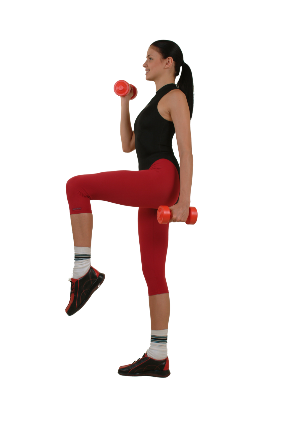 a woman in red leggings and a black tank top