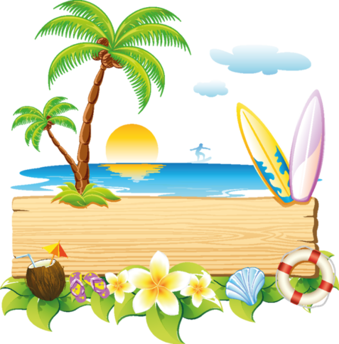 a beach scene with palm trees and surfboards