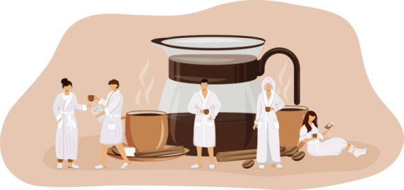 a group of people standing around a coffee pot