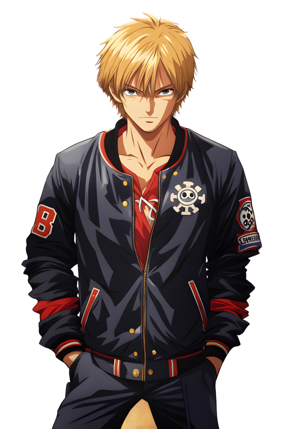 a man with blonde hair wearing a black jacket and red shirt, standing in front of a white background