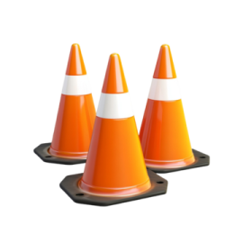 three orange traffic cones on a white background