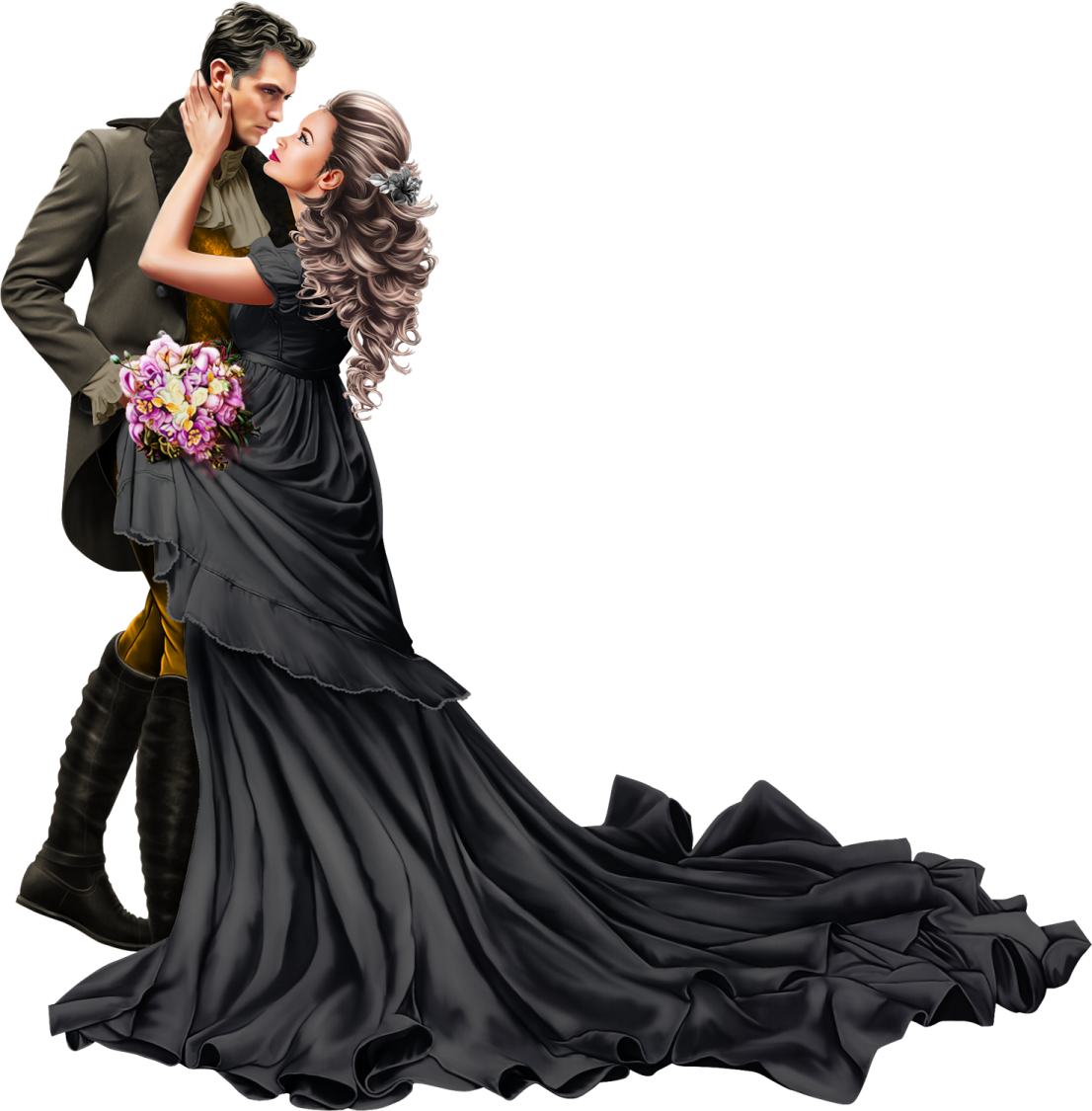 a bride and groom kissing in front of a white background
