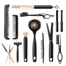 a set of hair brushes, combs and scissors