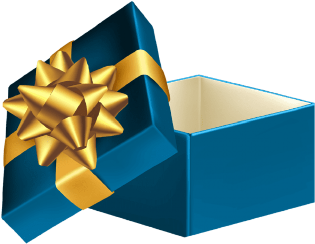 a blue gift box with a gold bow