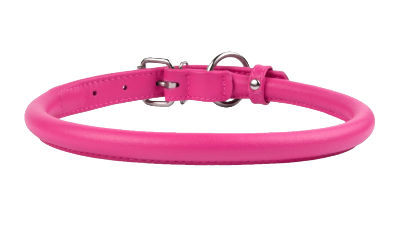 a pink leather dog collar with a metal buckle