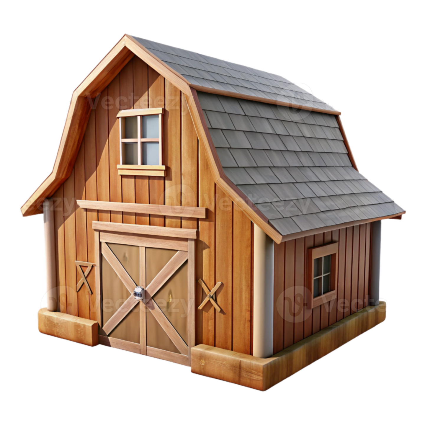 a small wooden barn with a gray roof