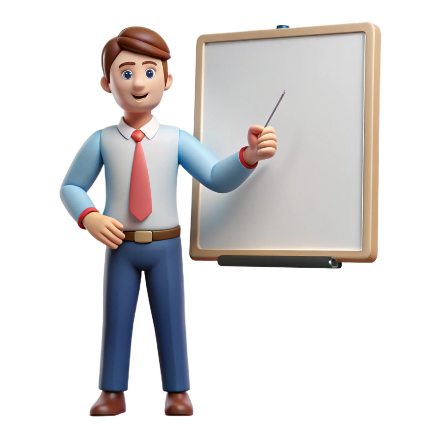 a 3d man standing next to a whiteboard