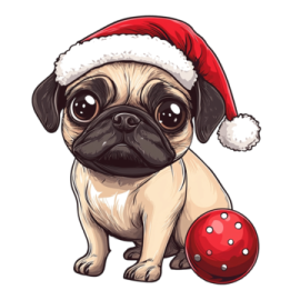 a pug wearing a santa hat and holding a red ball