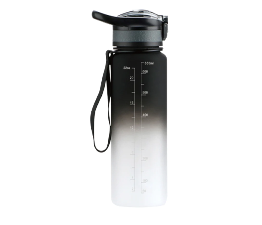 a black and white water bottle on a white background
