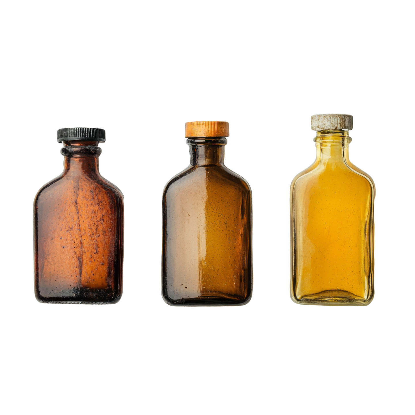 a group of three empty brown glass bottles