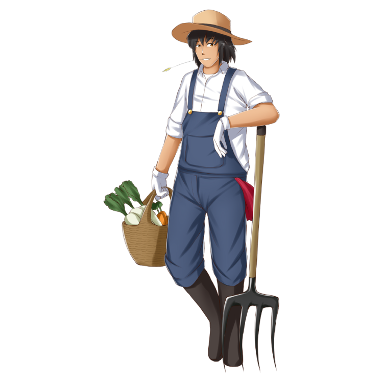 a woman in overalls and a hat holding a pitchfork