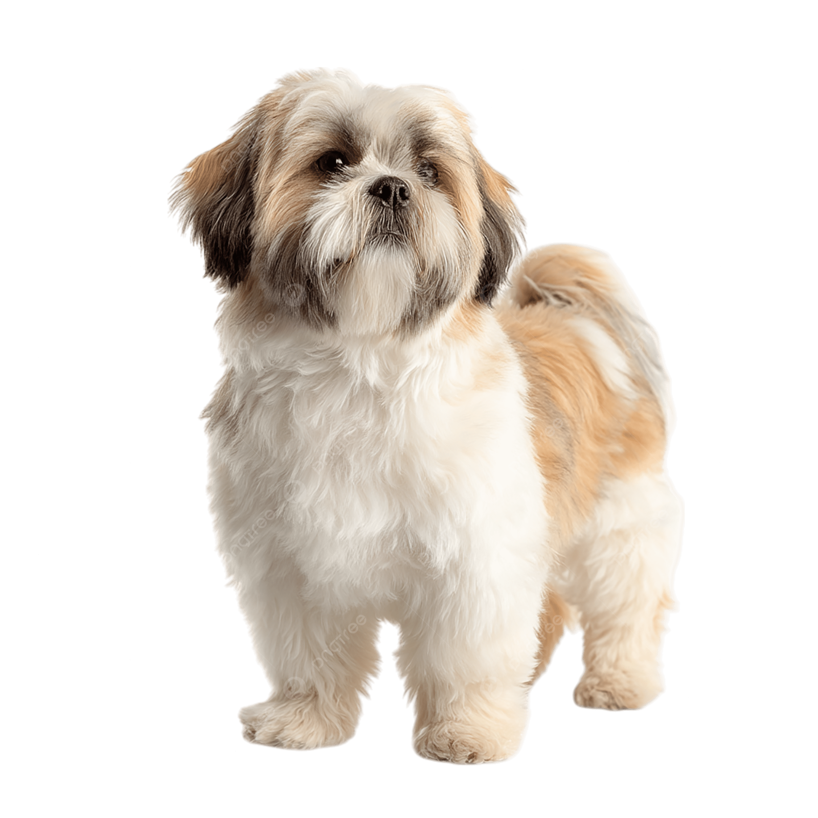 a small brown and white dog standing on a white background
