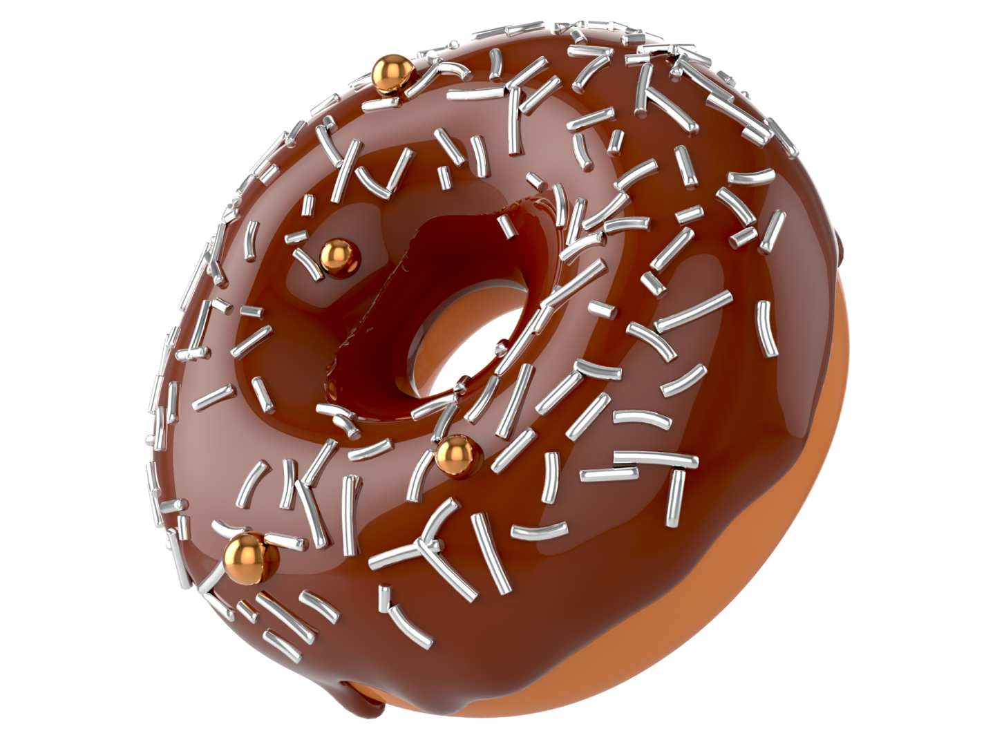 a chocolate donut with sprins on a white background