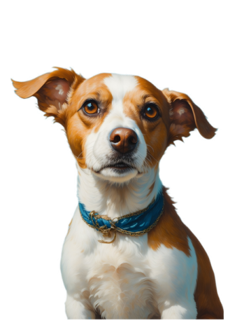 a brown and white dog with a blue collar