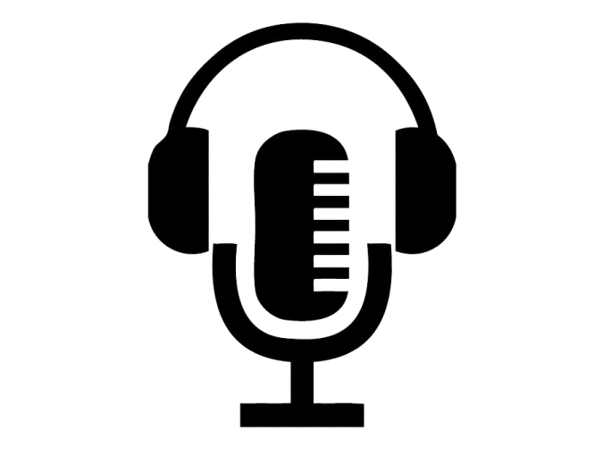 a black and white image of a microphone with headphones
