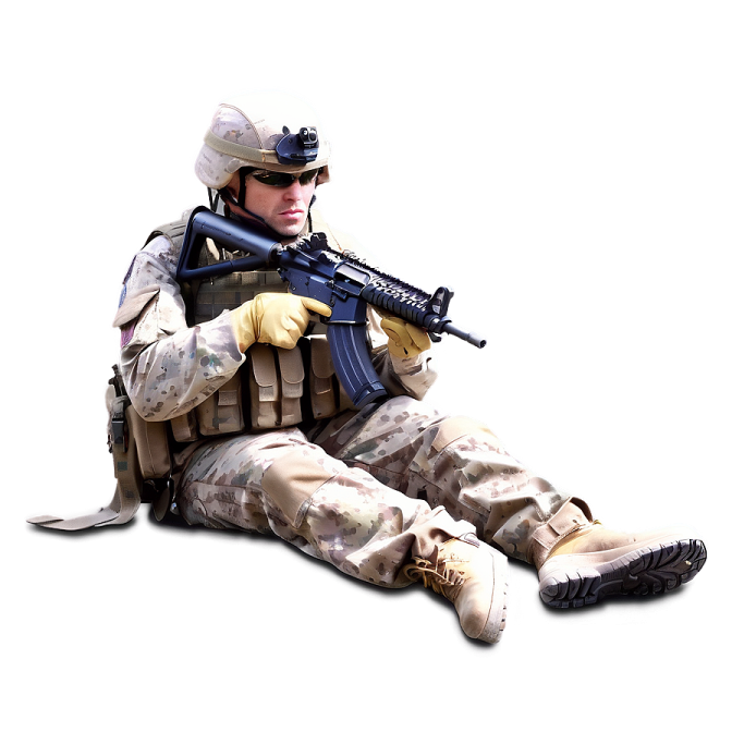 a soldier sitting on the ground with his rifle