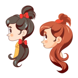 two cartoon girls with ponytails and bows