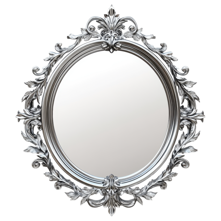 a round mirror with silver leaves on it