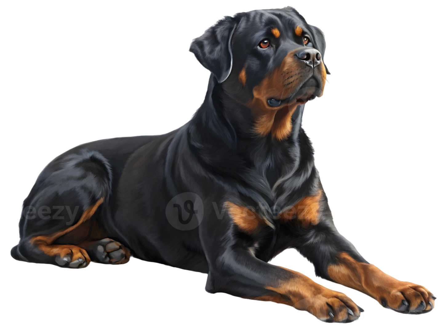 a black and brown dog laying down on the ground