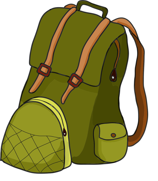 a green backpack with brown straps