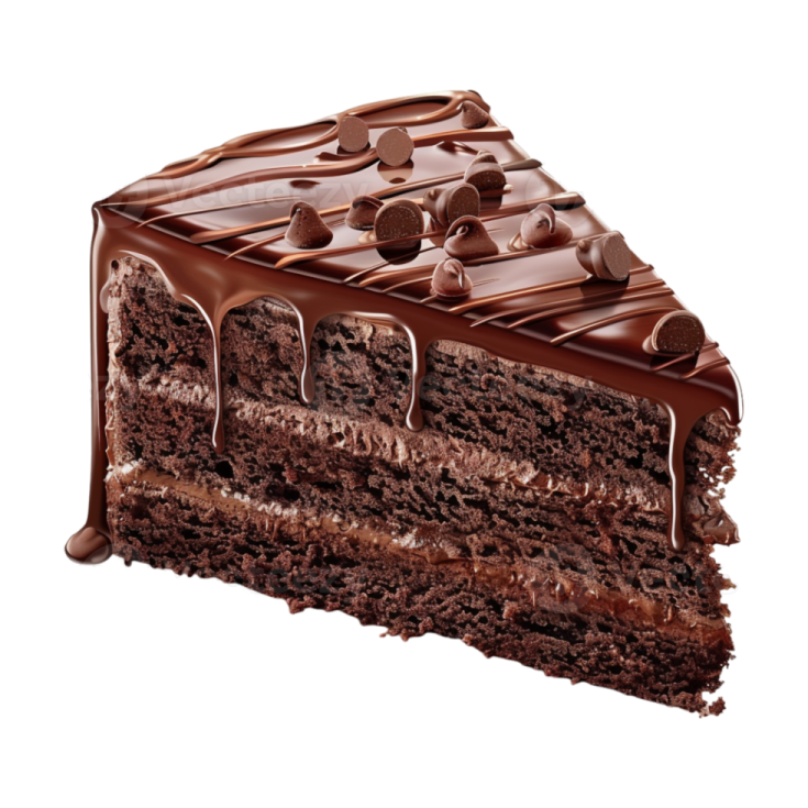 a piece of chocolate cake on a white background