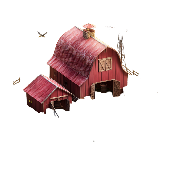 a red barn with a bird flying over it