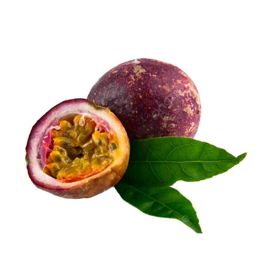 a passion fruit cut in half on a white background
