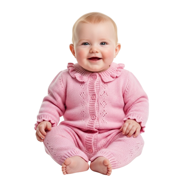 a baby sitting on the floor wearing a pink sweater
