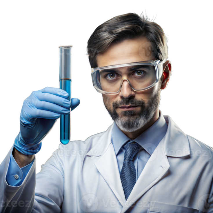 a man in a lab coat holding a test tube