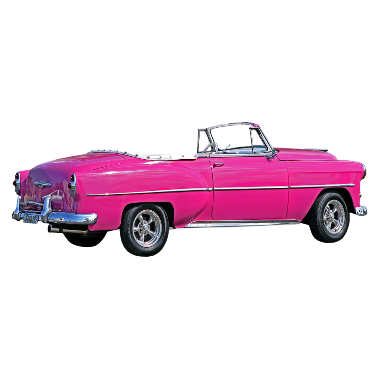 a pink classic car on a white background