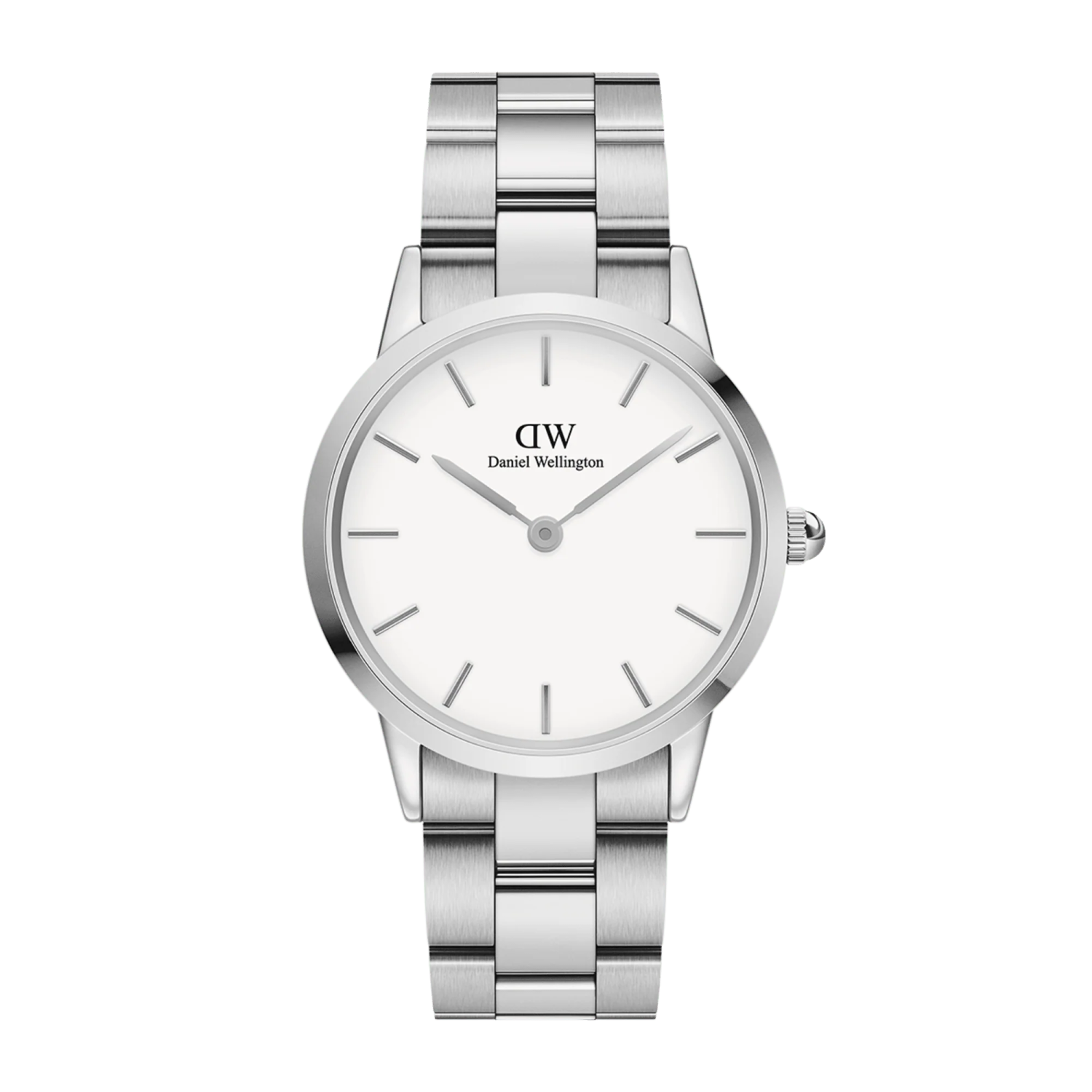 a silver watch with a white dial