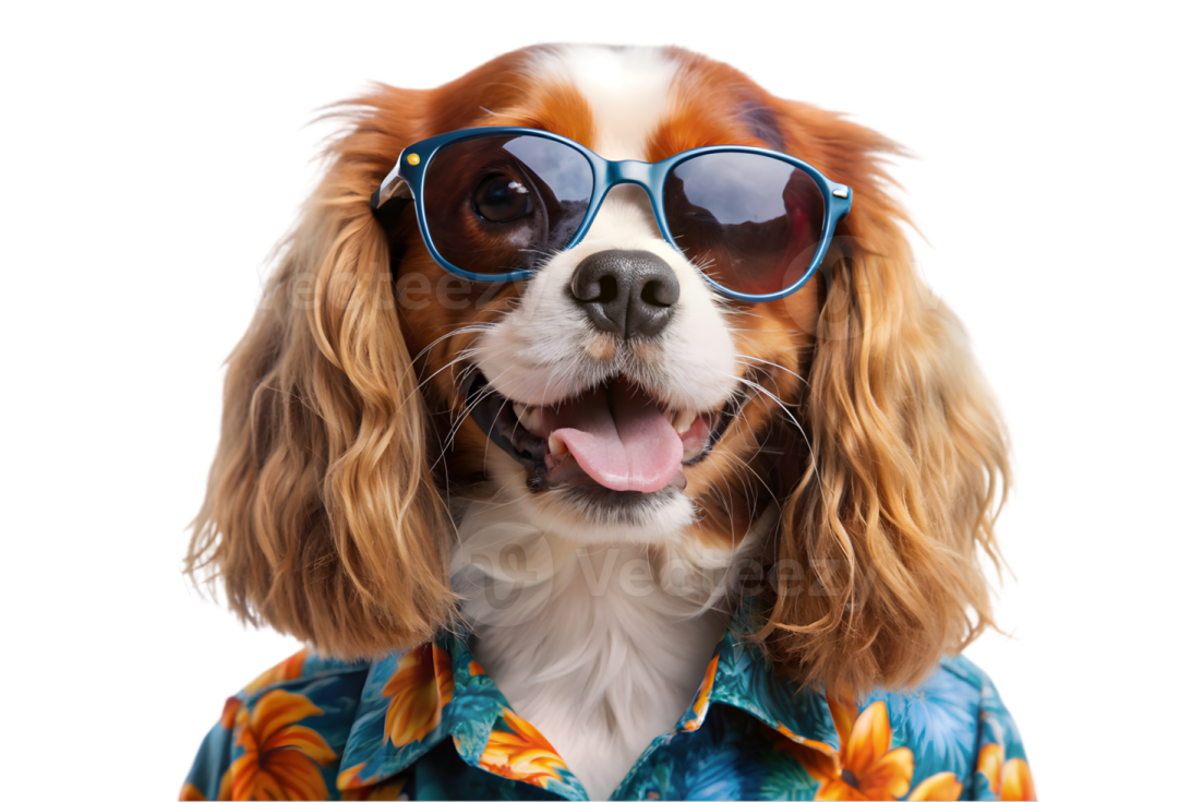 a dog wearing sunglasses and a hawaiian shirt