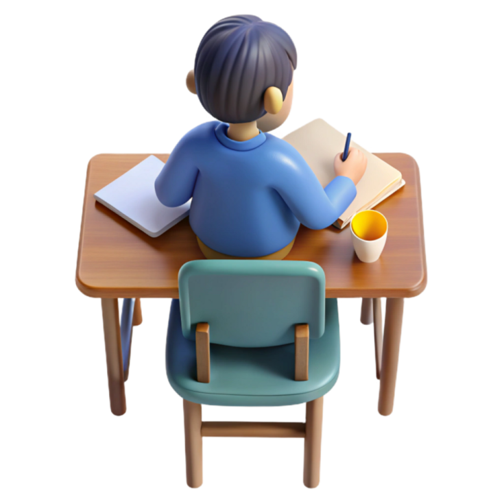 a person sitting at a desk with a book and pencil