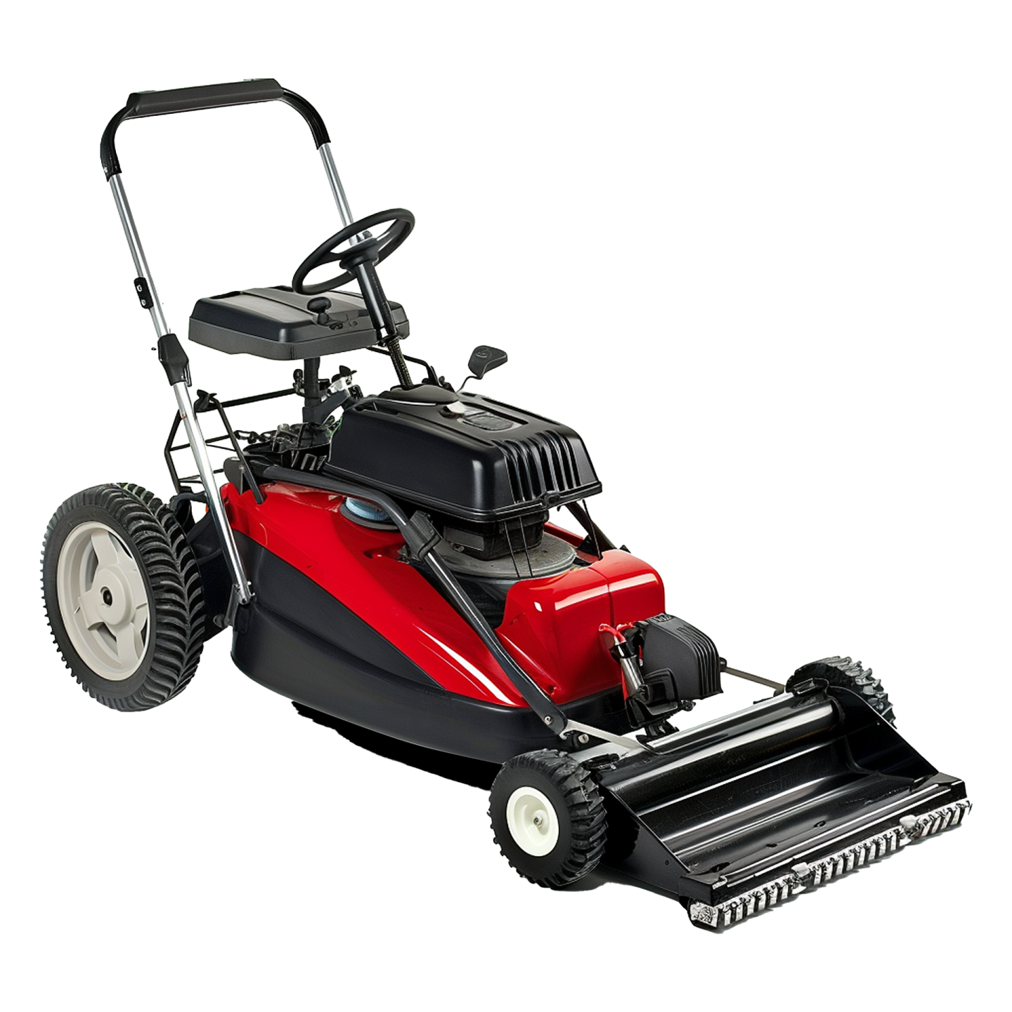 a red lawn mower on a white background
