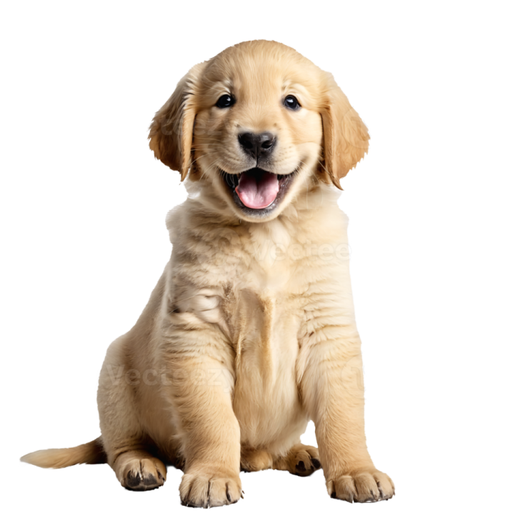 a puppy sitting down with its tongue out
