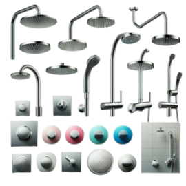 a variety of shower fixtures and accessories