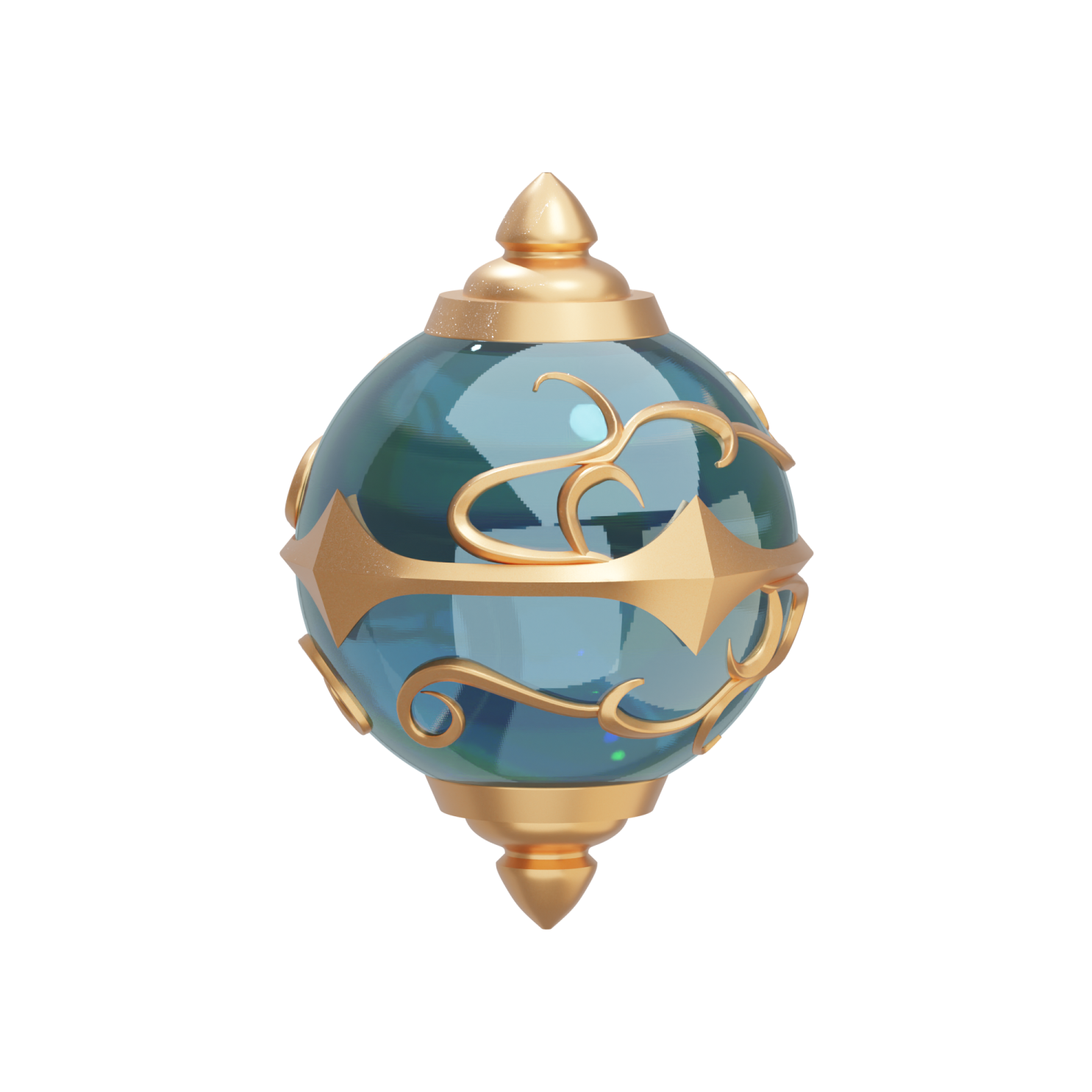 a blue glass ball with gold accents