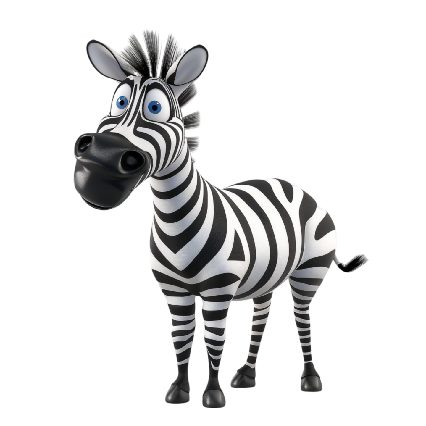 a zebra with blue eyes and black and white stripes