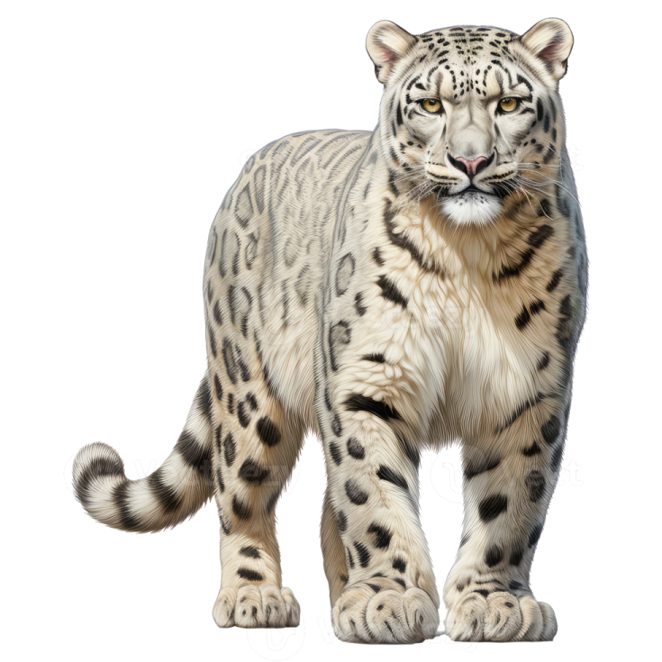 a snow leopard standing in front of a white background