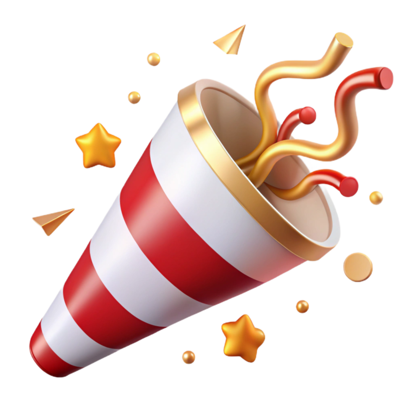 a red and white striped paper cup with gold coning