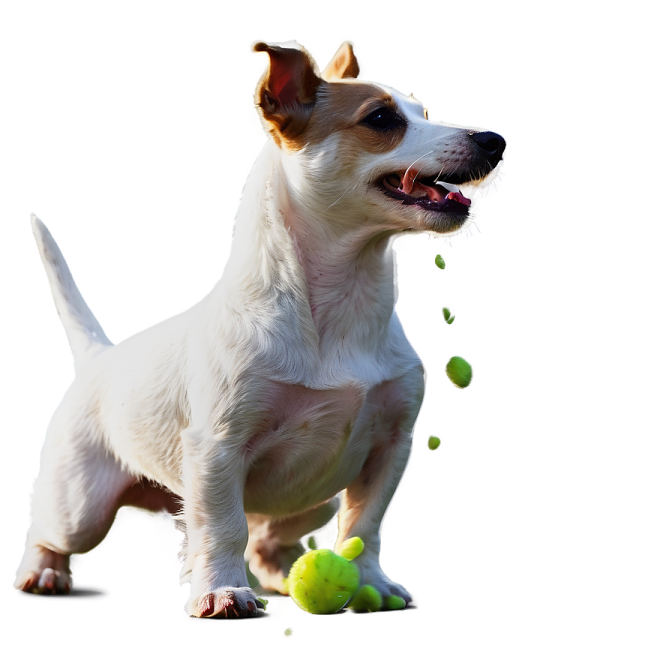 a small white dog playing with a tennis ball
