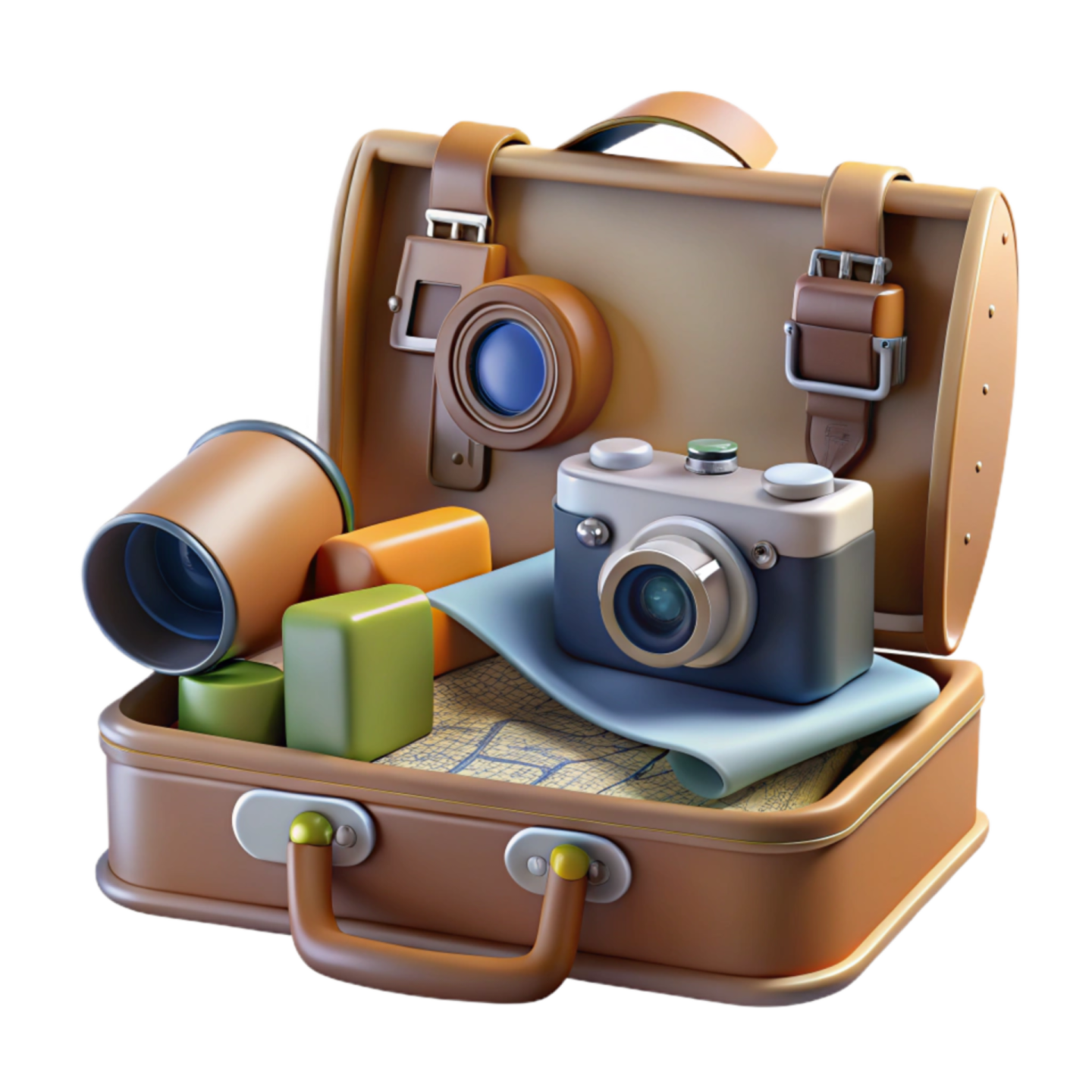 an open suitcase with a camera and other items