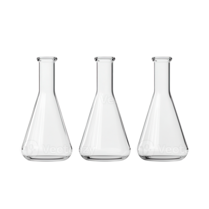 a set of three glass beaks on a white background