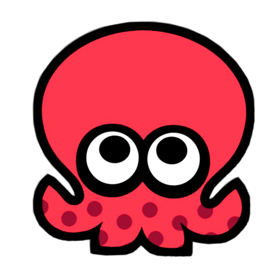 a red and black octopus with big eyes