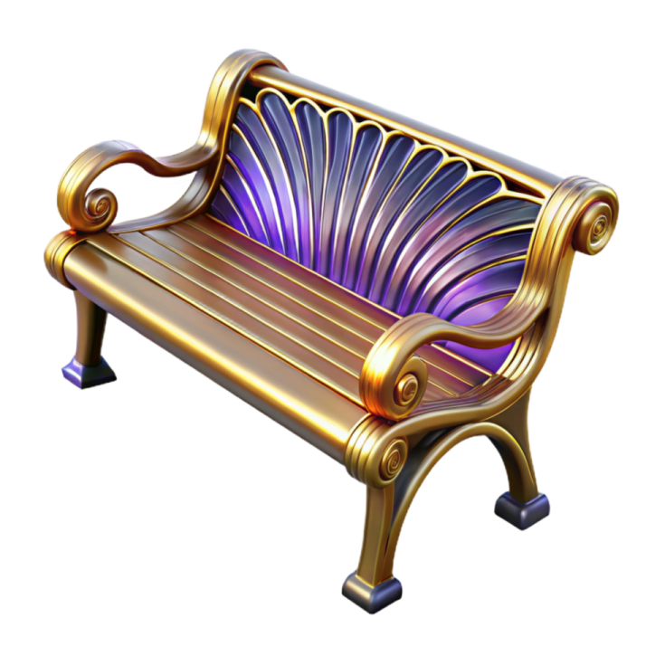 a gold bench with purple glass on it