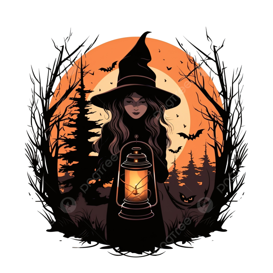 a witch holding a lantern in front of a full moon