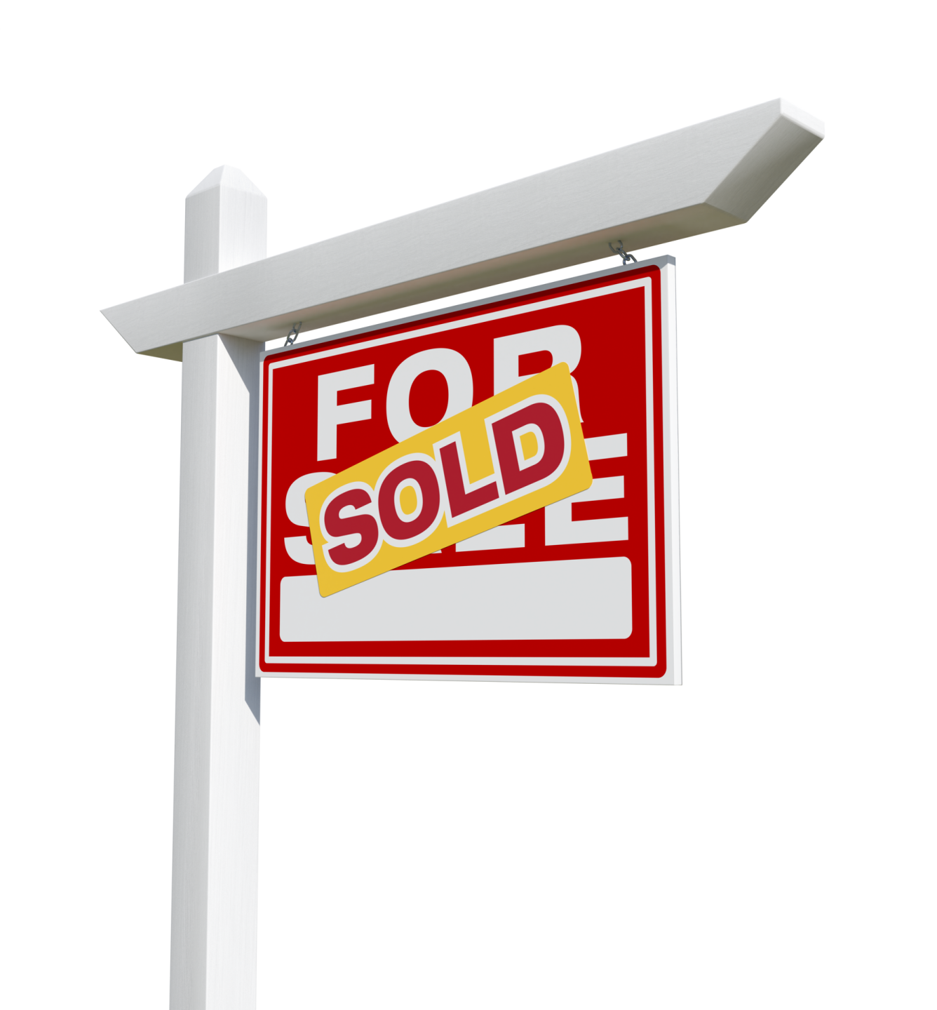 a red and white sold for sale sign