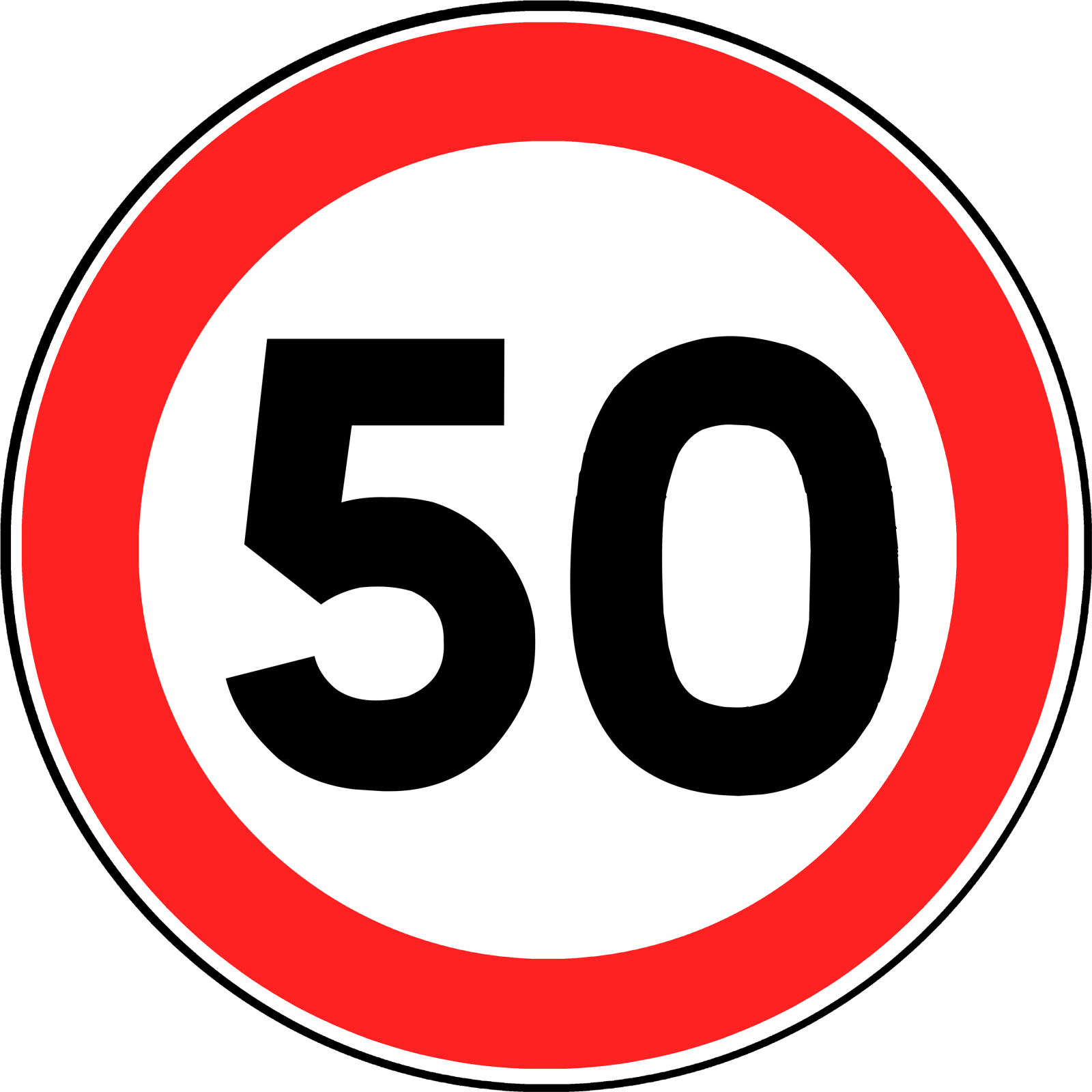 a red and white sign with the number 50 on it