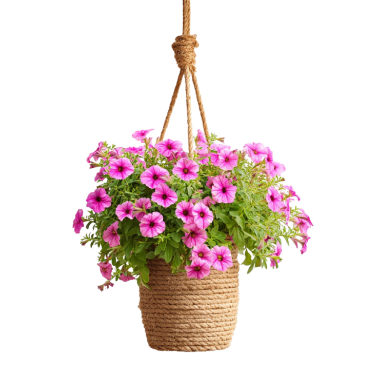 a hanging planter with pink flowers