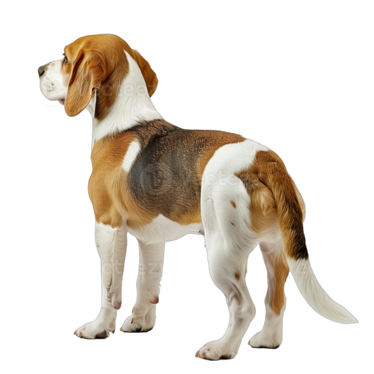 a dog standing in front of a white background